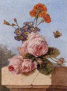 unknow artist Still life of roses,carnations and polyanthers in a terracotta urn,upon a stone ledge,together with a tortoiseshell butterfly painting